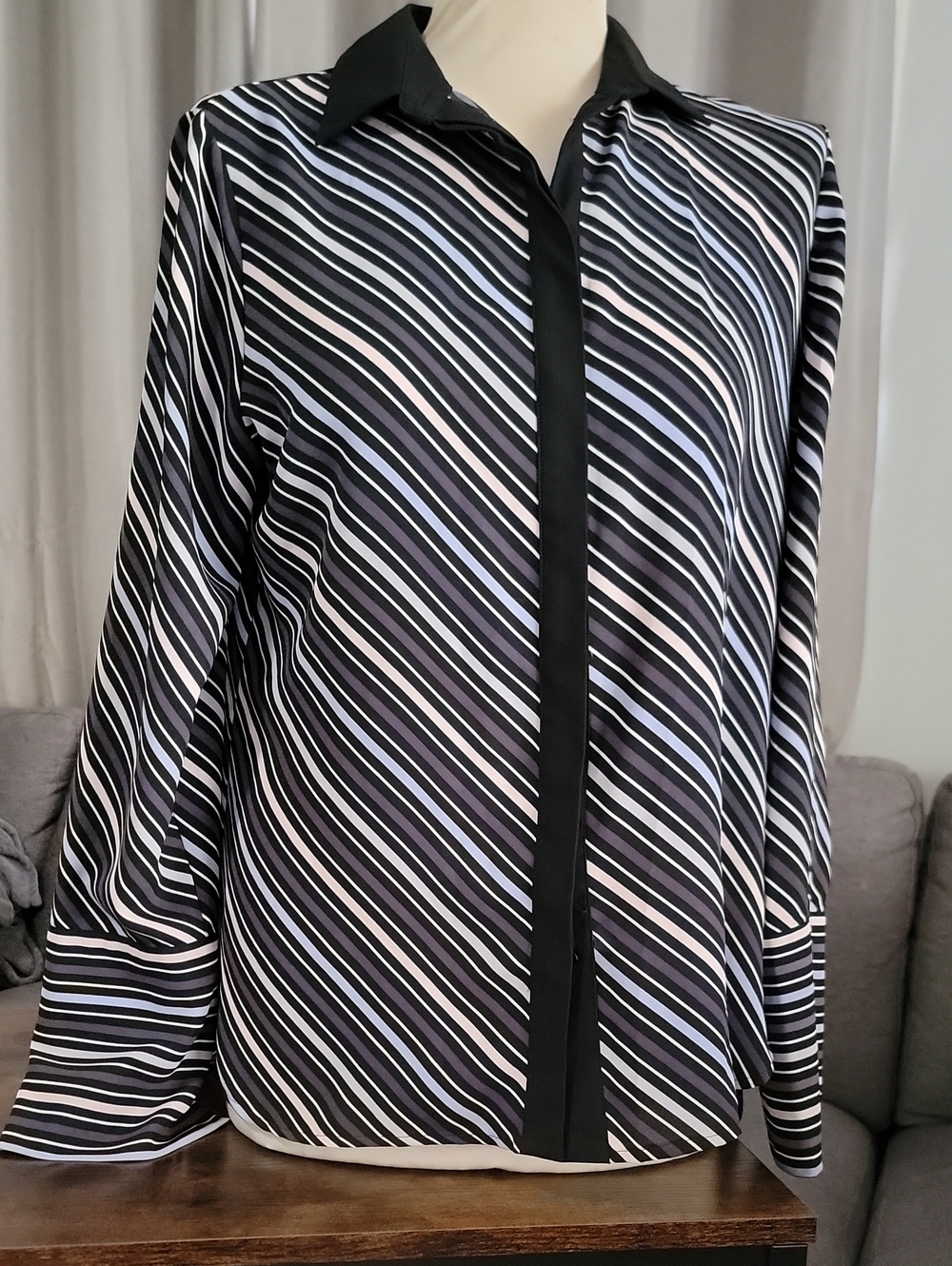 Anne Klein Black Striped Button-Up Blouse